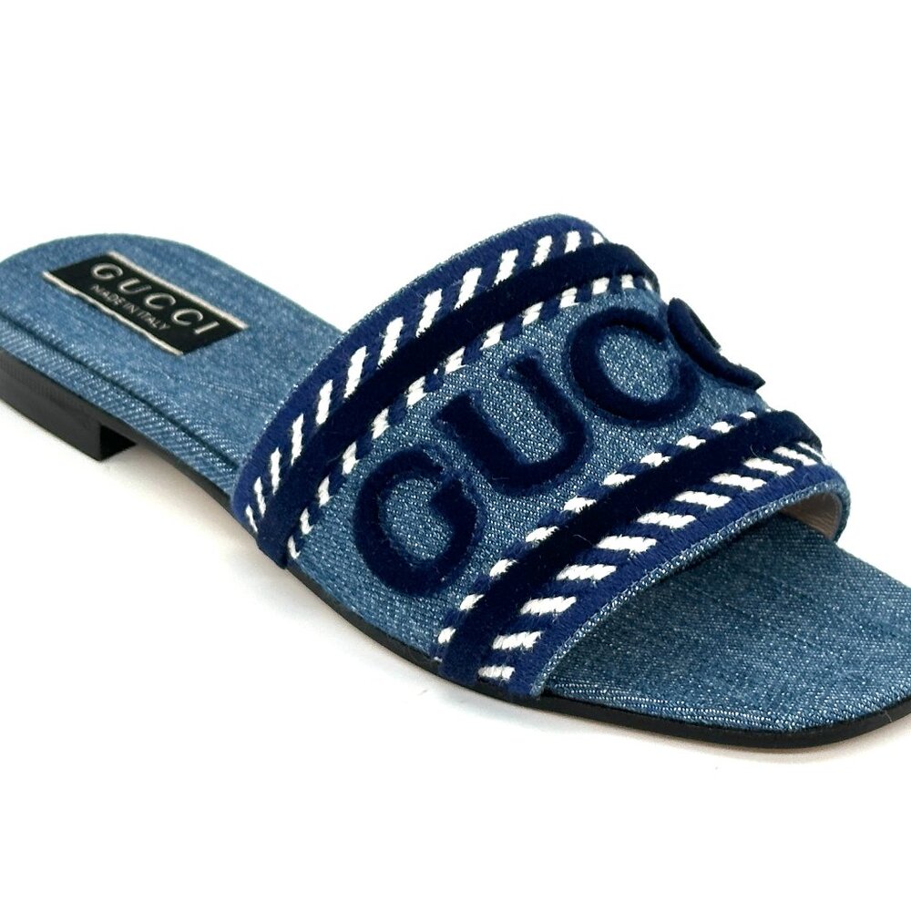 Gucci Jane Denim Logo Embroidered Flat Slide Sandals Shoes Blue - Picture 11 of 16
